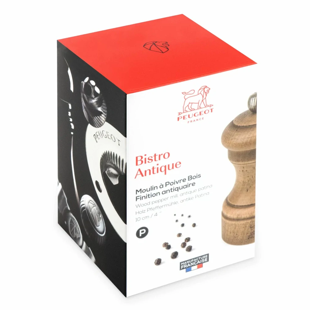 Peugeot Bistro Antique ruční mlýnek na pepř 10 cm – „aged wood“ patina, bukové dřevo (SKU 30933)
