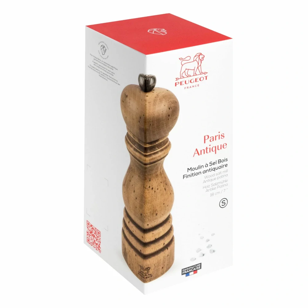 Peugeot Paris Antique ruční mlýnek na sůl 18 cm – bukové dřevo s patinou „aged wood“ (SKU 3096400).