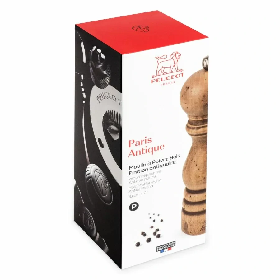 Peugeot Paris Antique ruční mlýnek na pepř 18 cm – bukové dřevo s patinou „aged wood“ (SKU 30957)