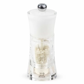 Peugeot Molène ruční mlýnek na mořskou sůl 14 cm – bílý akryl, mechanismus Zirkonia, pro vlhkou mořskou sůl