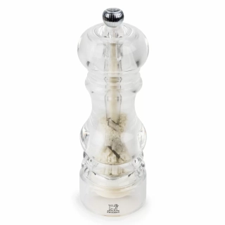 Peugeot Nancy ruční mlýnek na mořskou sůl 18 cm – transparentní akryl, mechanismus ZIRLION®, pro vlhkou mořskou sůl